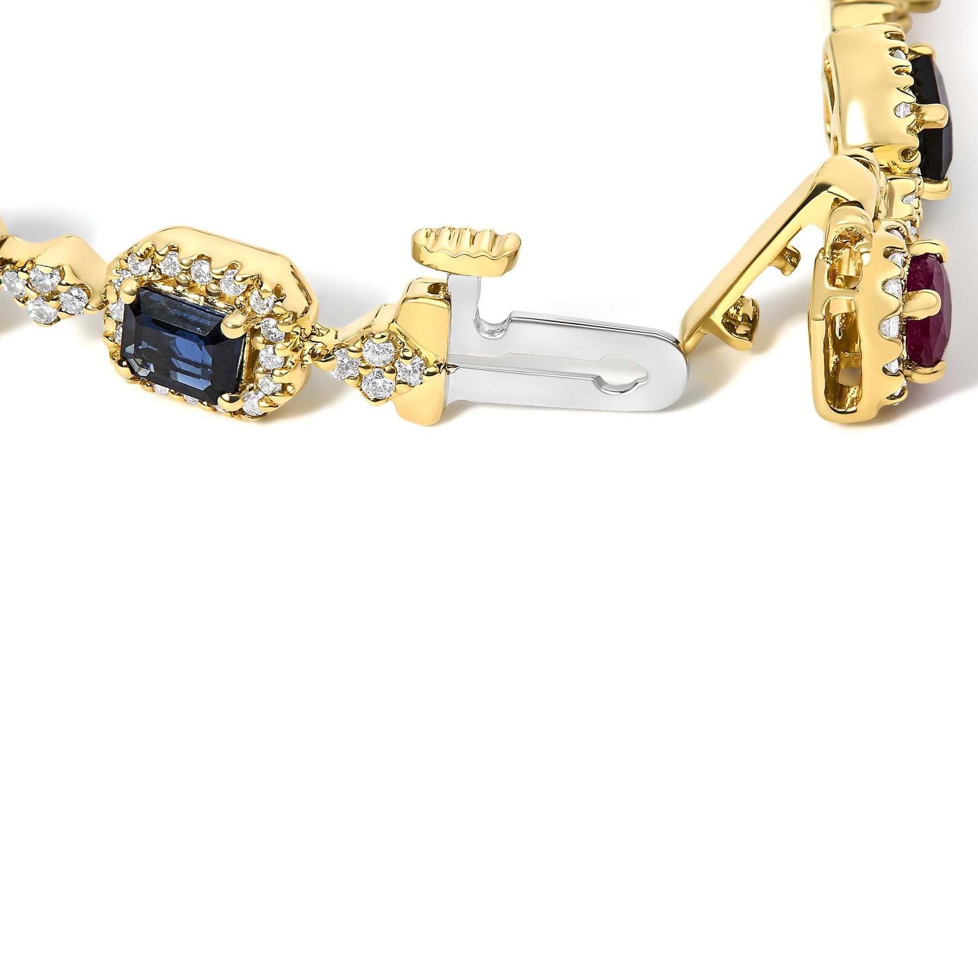 14K Yellow Gold Multi-Gemstone  and Diamond Halo Rainbow Link Bracelet-1