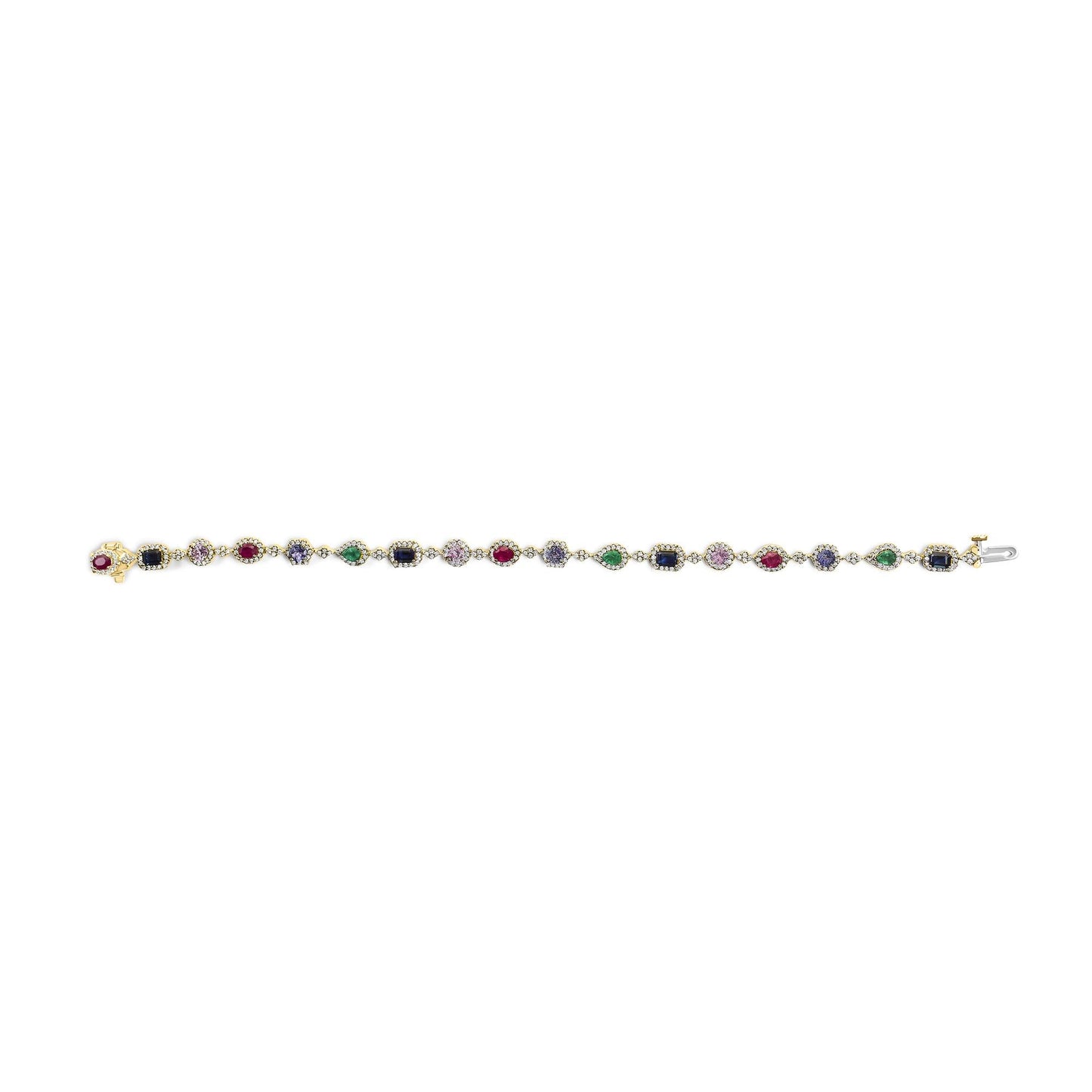 14K Yellow Gold Multi-Gemstone  and Diamond Halo Rainbow Link Bracelet-3