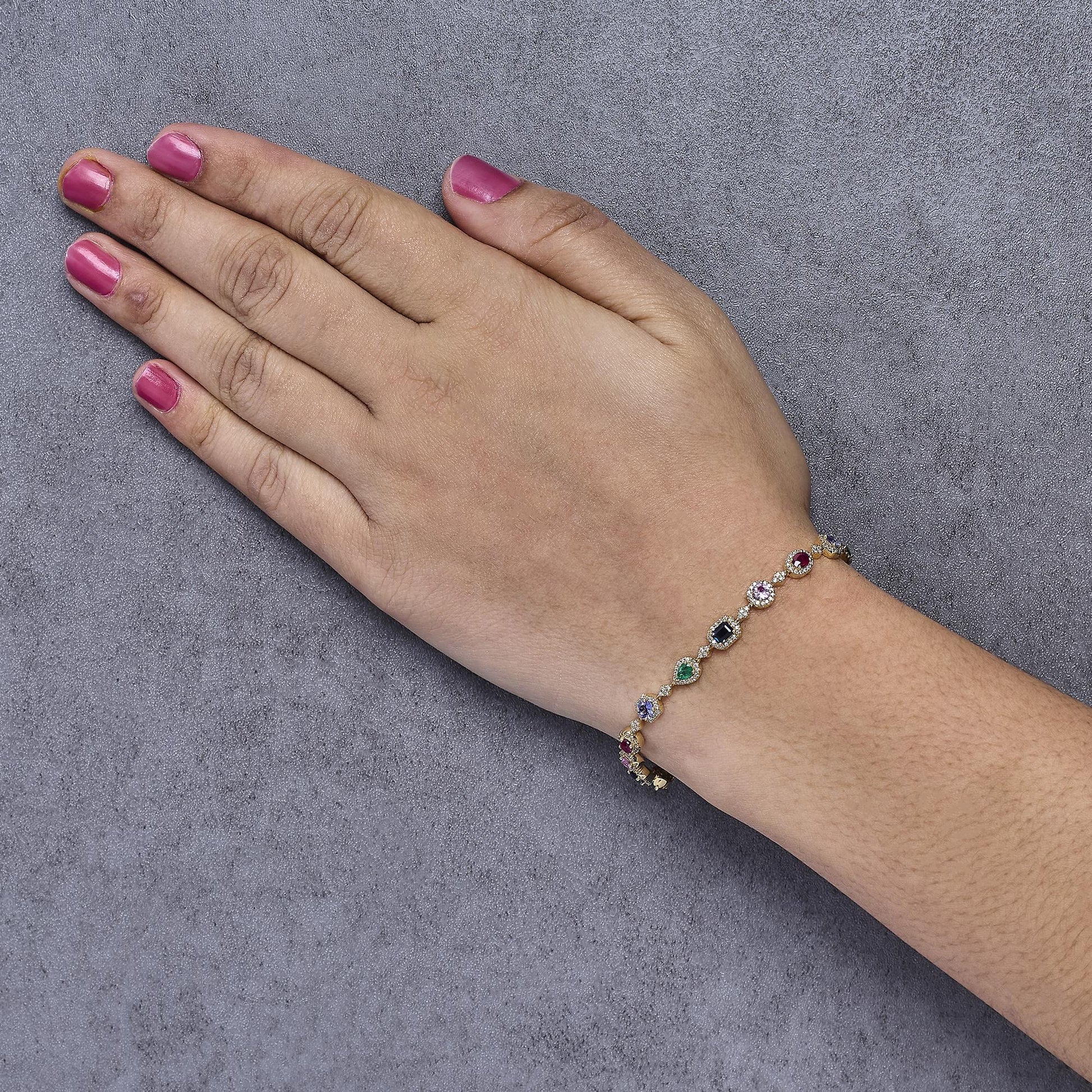 14K Yellow Gold Multi-Gemstone  and Diamond Halo Rainbow Link Bracelet-2