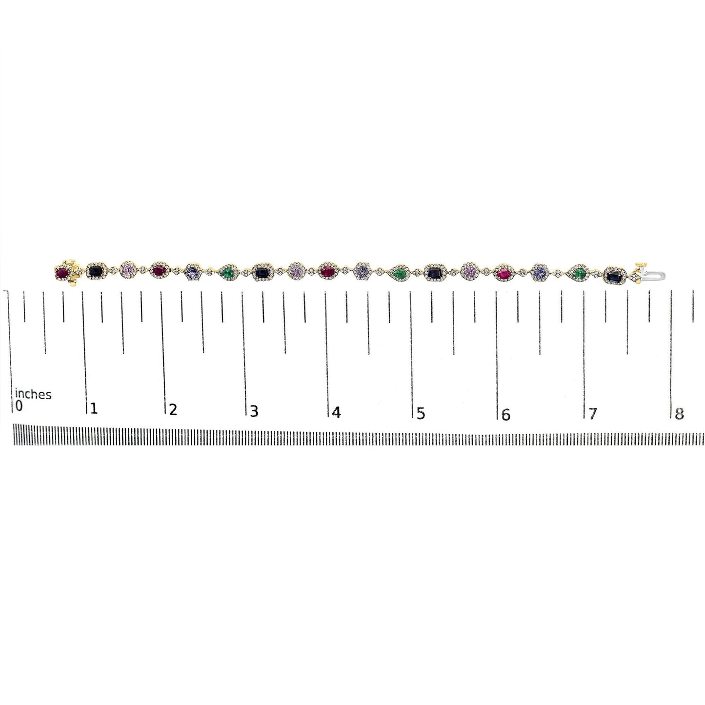 14K Yellow Gold Multi-Gemstone  and Diamond Halo Rainbow Link Bracelet-4