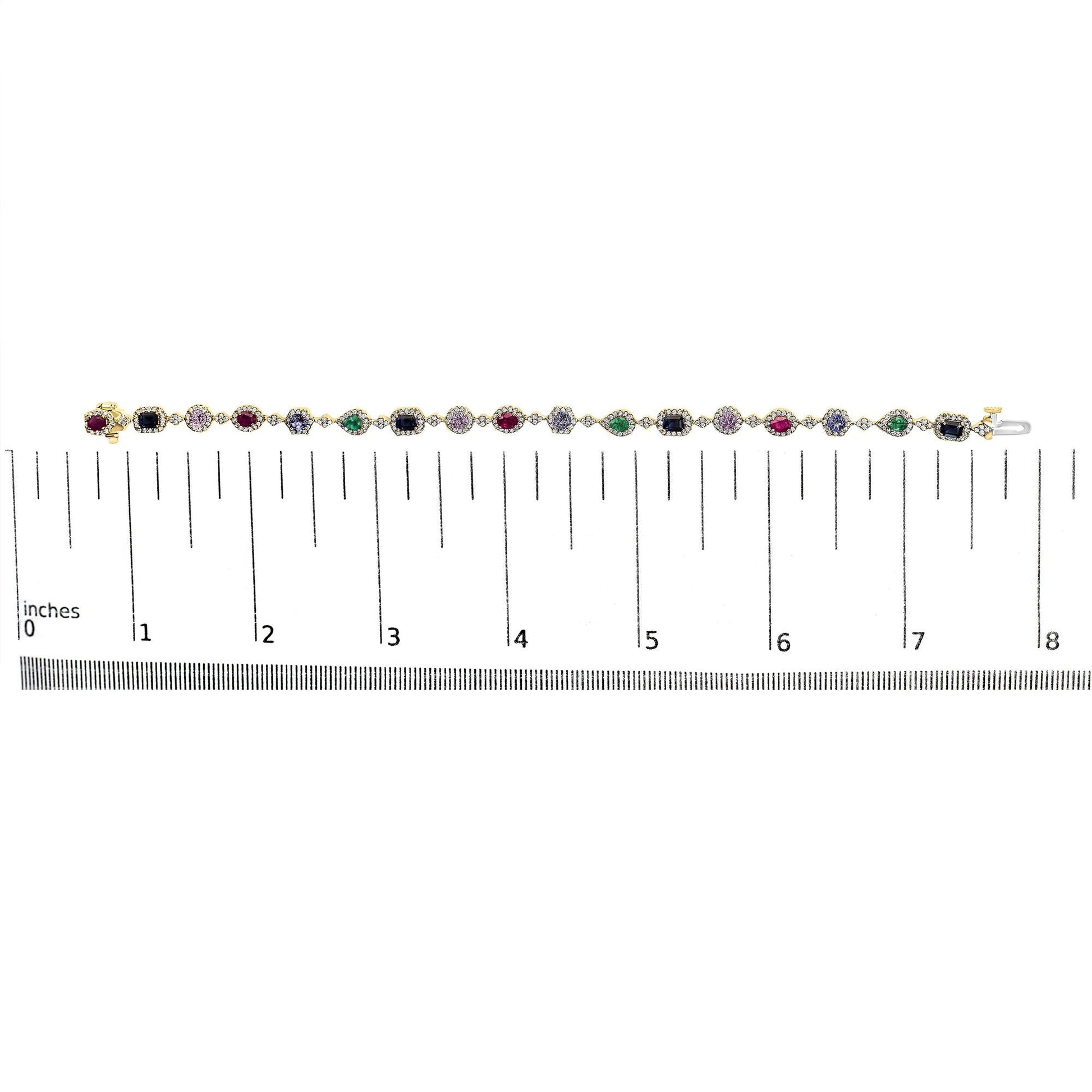 14K Yellow Gold Multi-Gemstone  and Diamond Halo Rainbow Link Bracelet-4