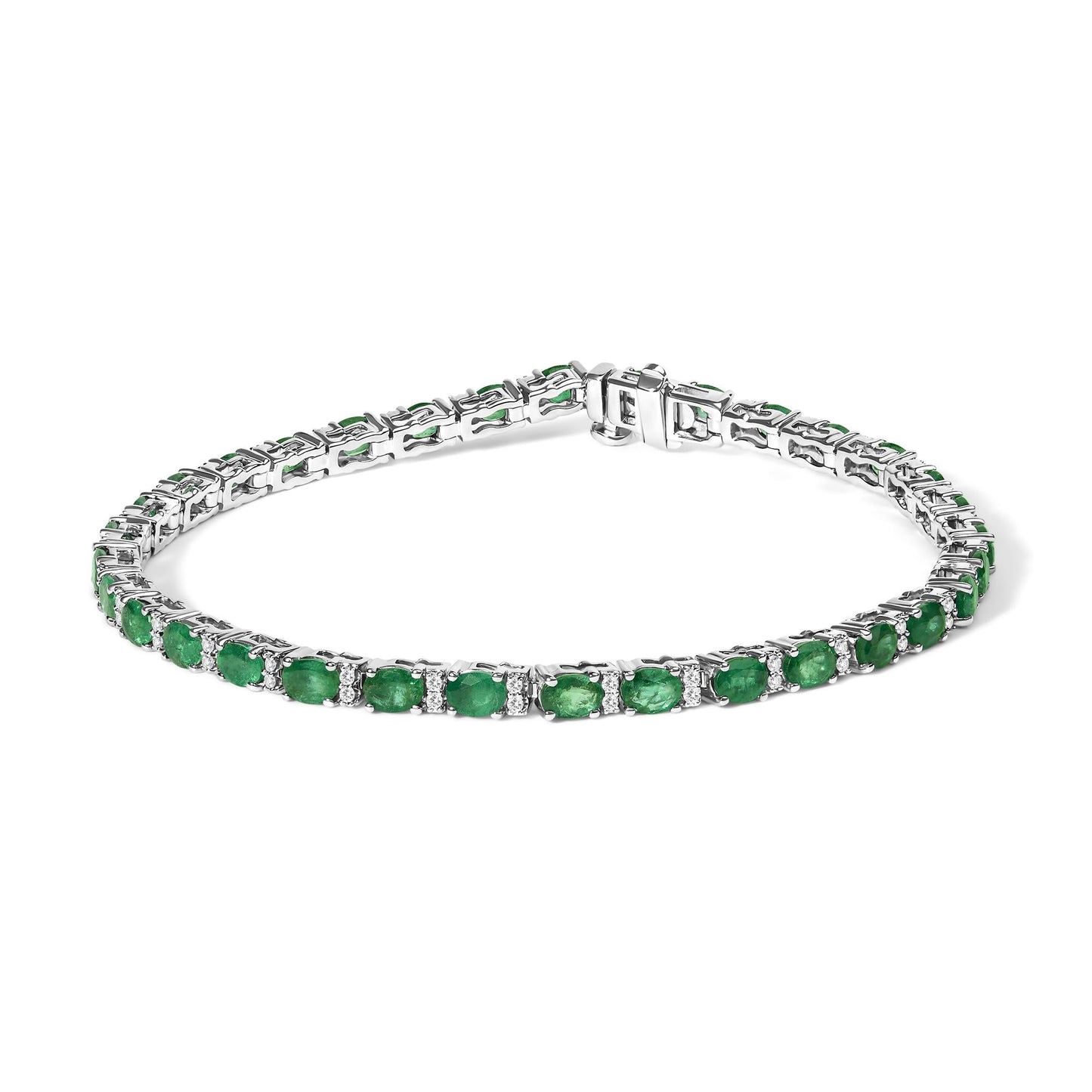 14K White Gold Alternating Oval Green Emerald and Diamond Tennis Bracelet-0