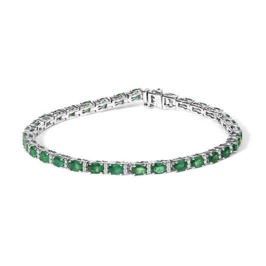 14K White Gold Alternating Oval Green Emerald and Diamond Tennis Bracelet-0