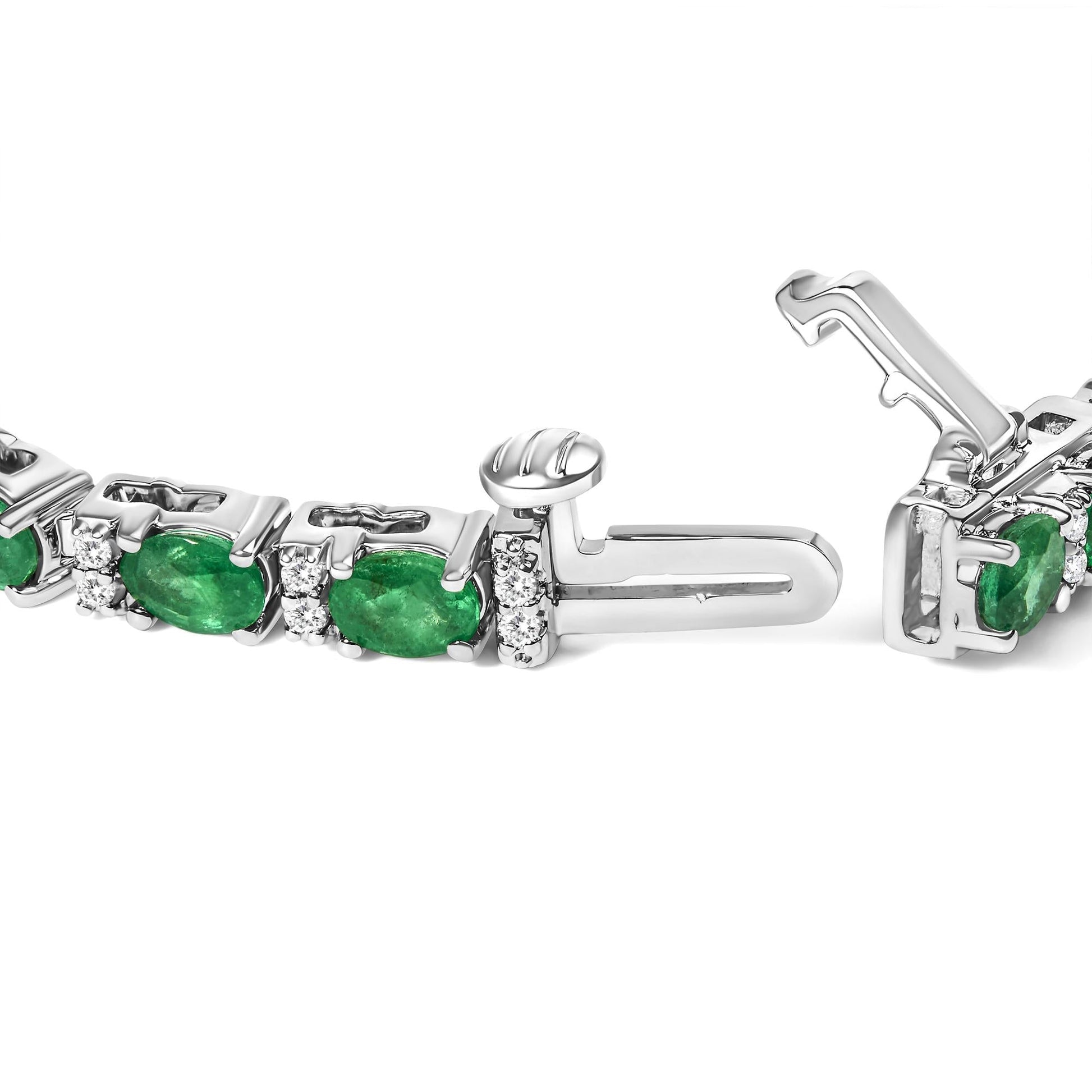 14K White Gold Alternating Oval Green Emerald and Diamond Tennis Bracelet-1