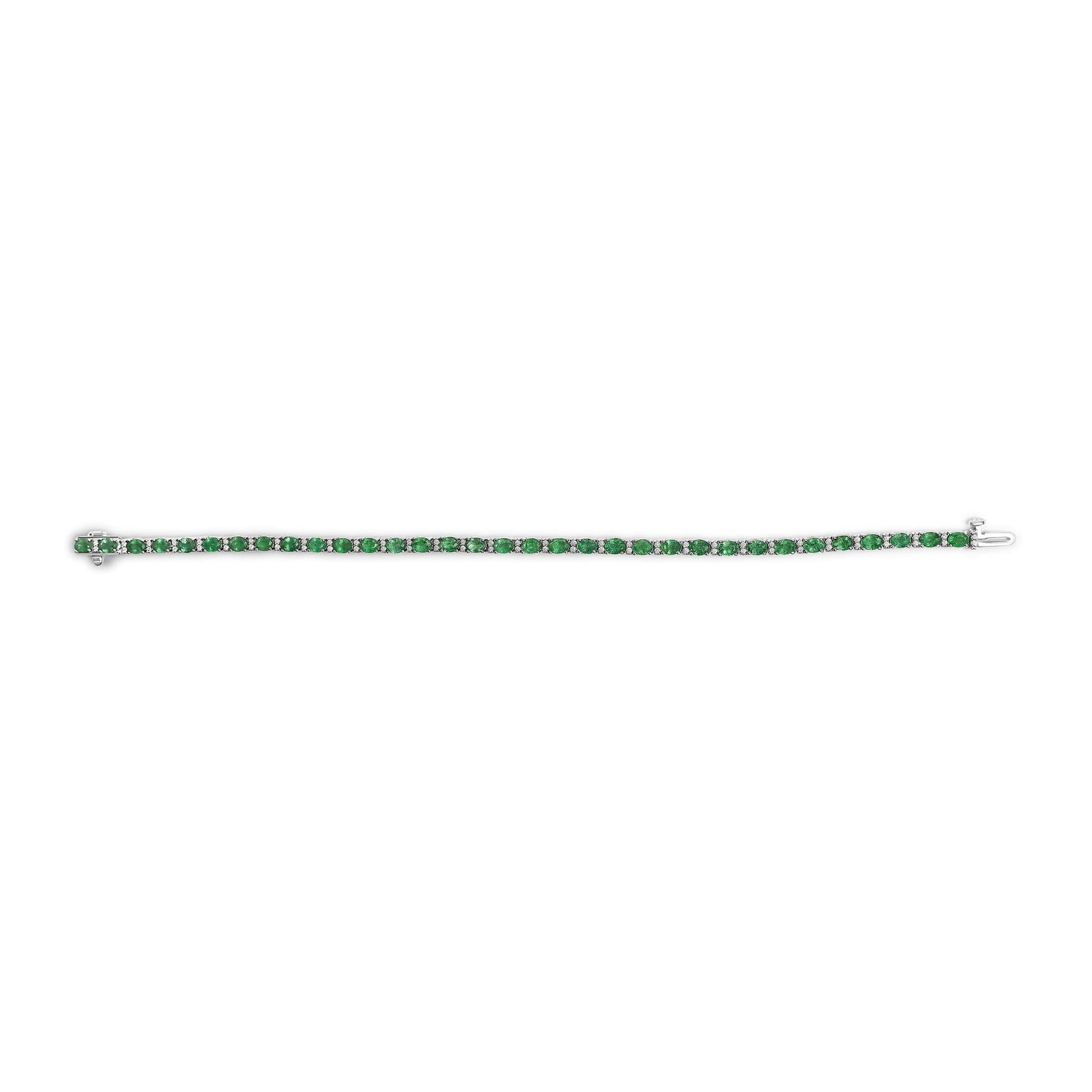 14K White Gold Alternating Oval Green Emerald and Diamond Tennis Bracelet-3