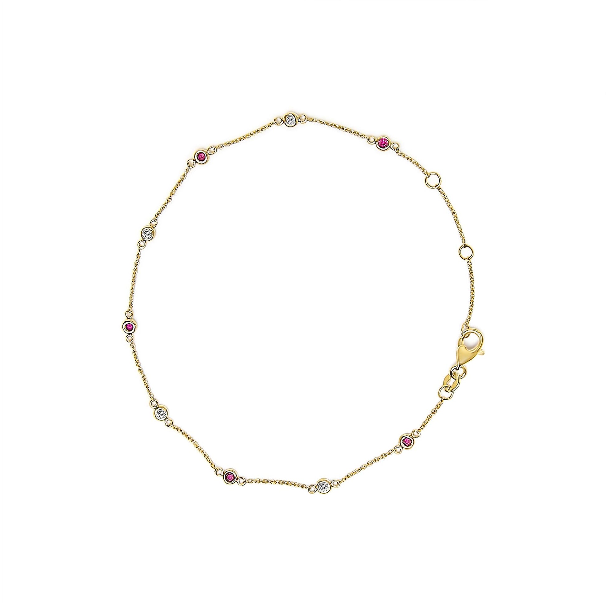 14K Yellow Gold Alternating Red Ruby and White Diamond Bezel Station Chain Bracelet (I-J Color, SI2-I1 Clarity) - 8" Inches-0