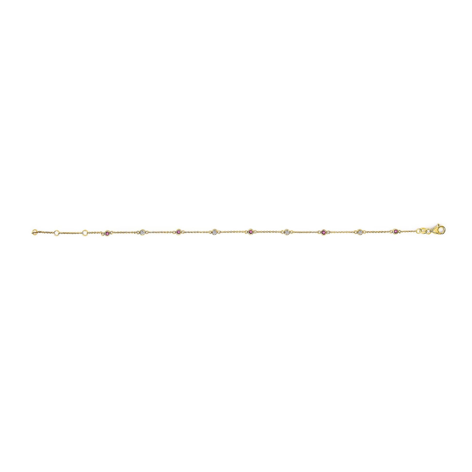 14K Yellow Gold Alternating Red Ruby and White Diamond Bezel Station Chain Bracelet (I-J Color, SI2-I1 Clarity) - 8" Inches-3