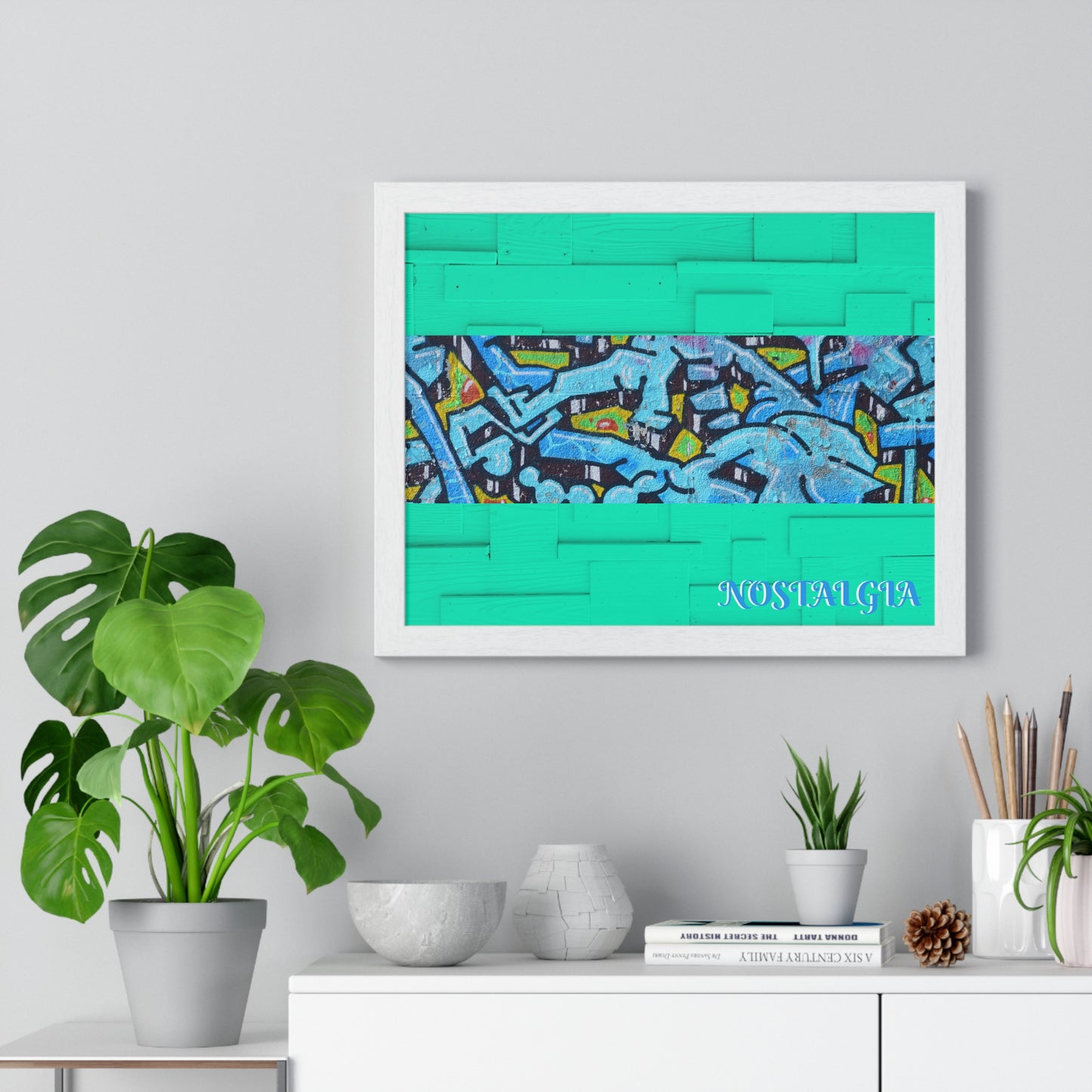 Nostalgia Graffiti Horizontal Framed Poster — Teal Urban Street Art Print
