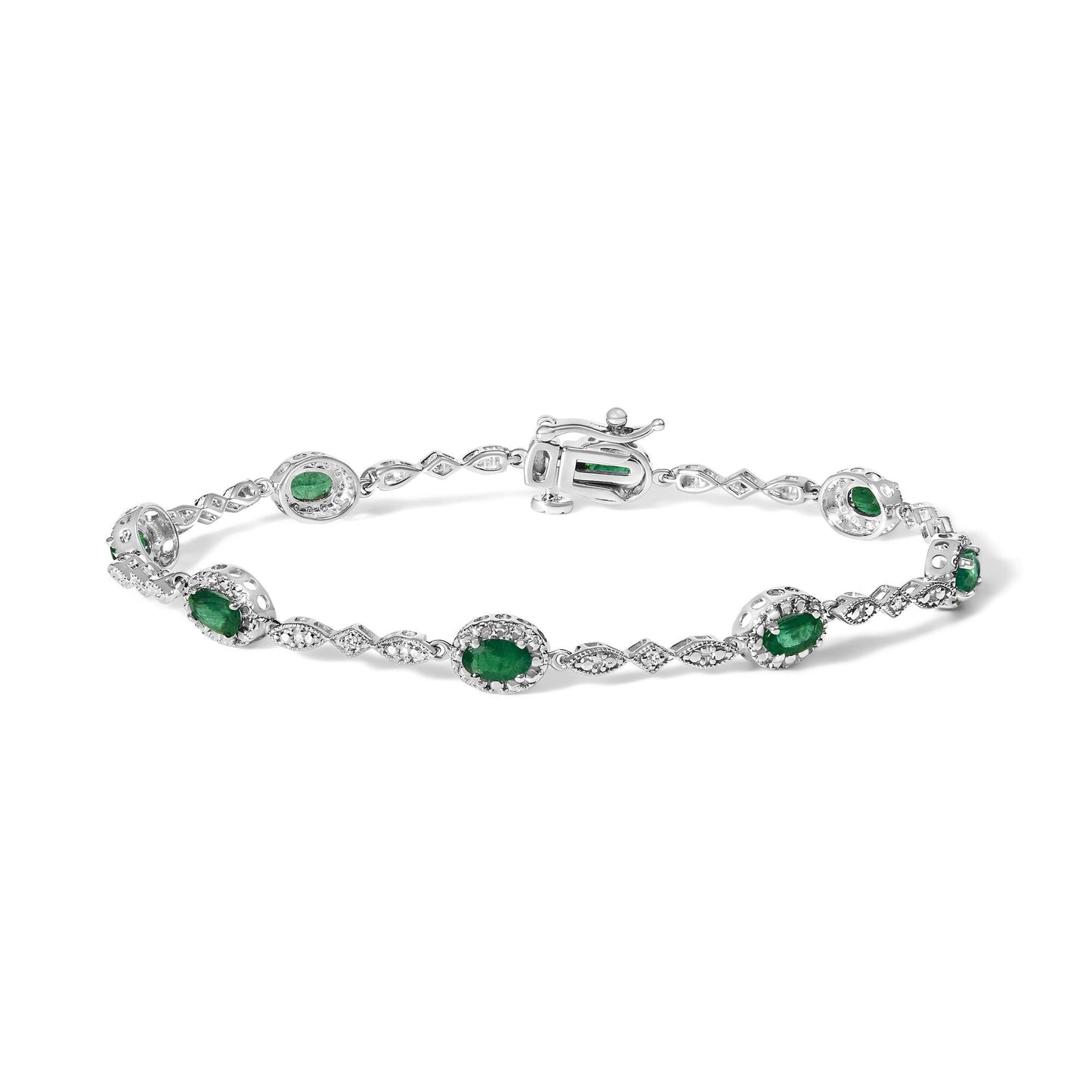 10K White Gold Oval Green Emerald & Diamond Alternating Link Bracelet-0