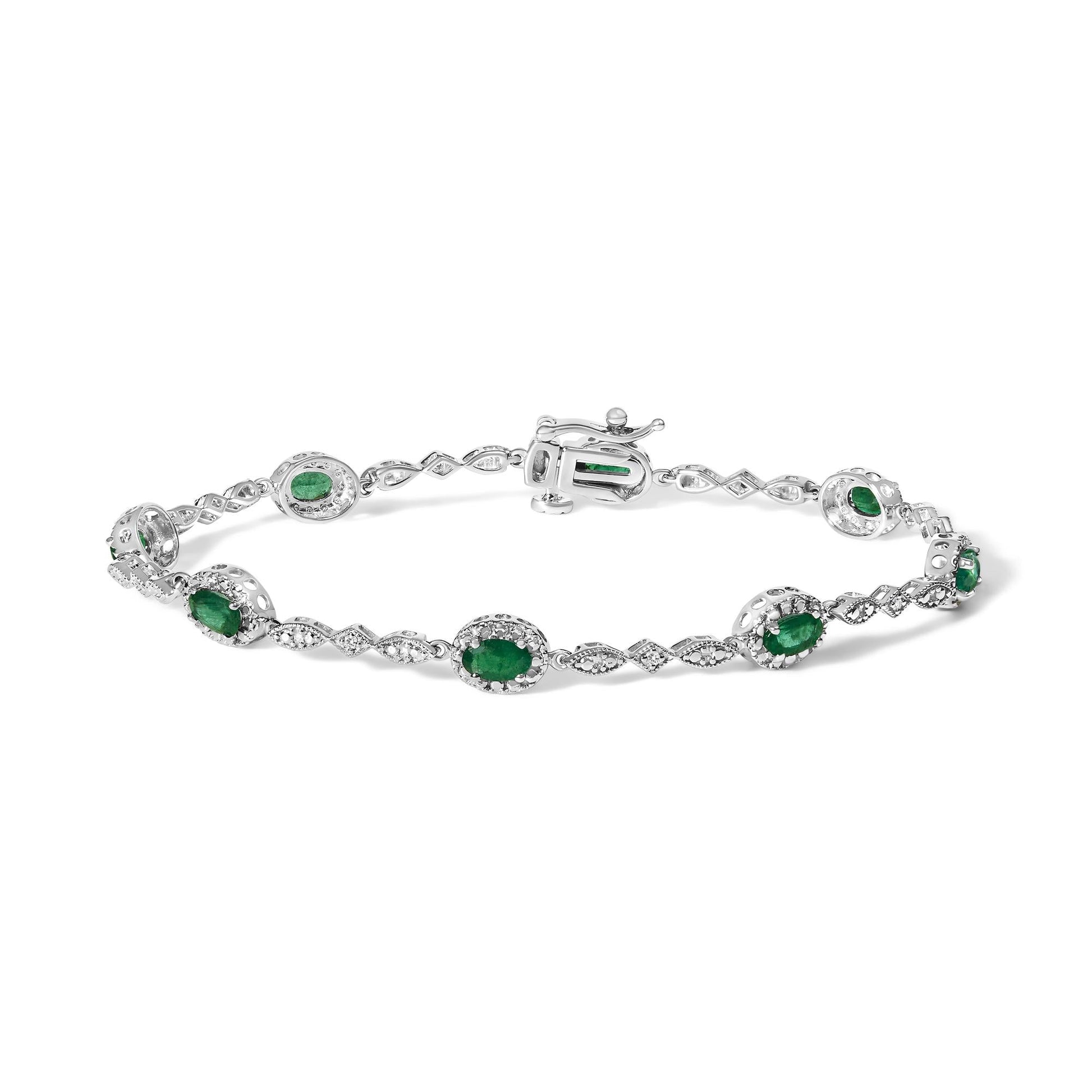 10K White Gold Oval Green Emerald & Diamond Alternating Link Bracelet-0