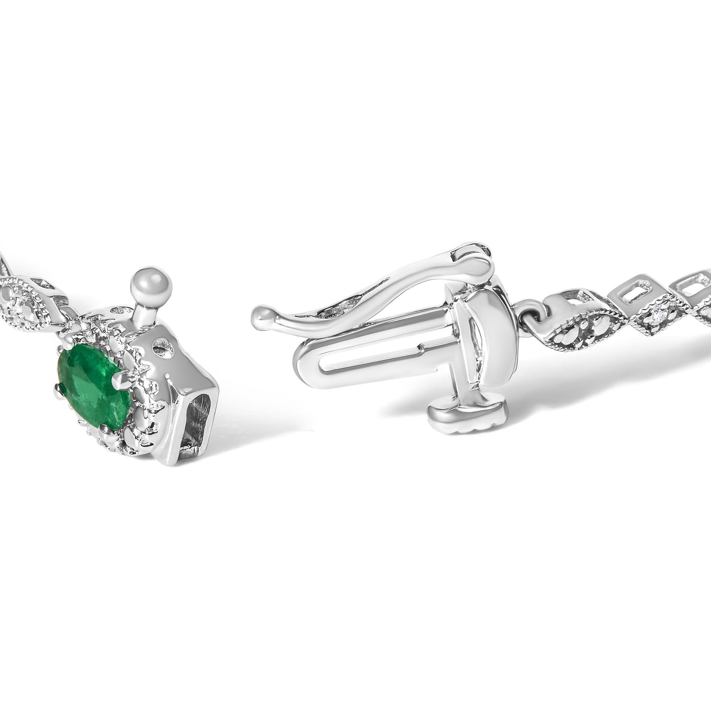 10K White Gold Oval Green Emerald & Diamond Alternating Link Bracelet-1
