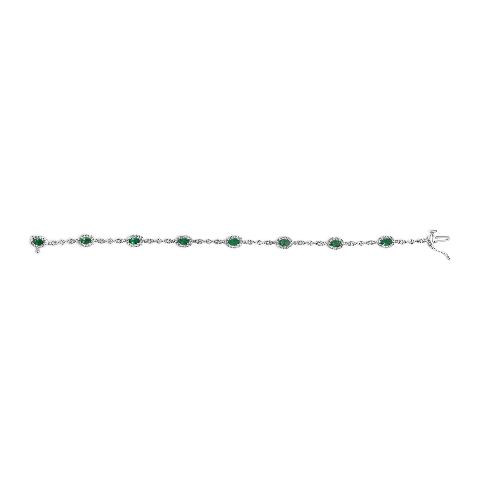 10K White Gold Oval Green Emerald & Diamond Alternating Link Bracelet-3