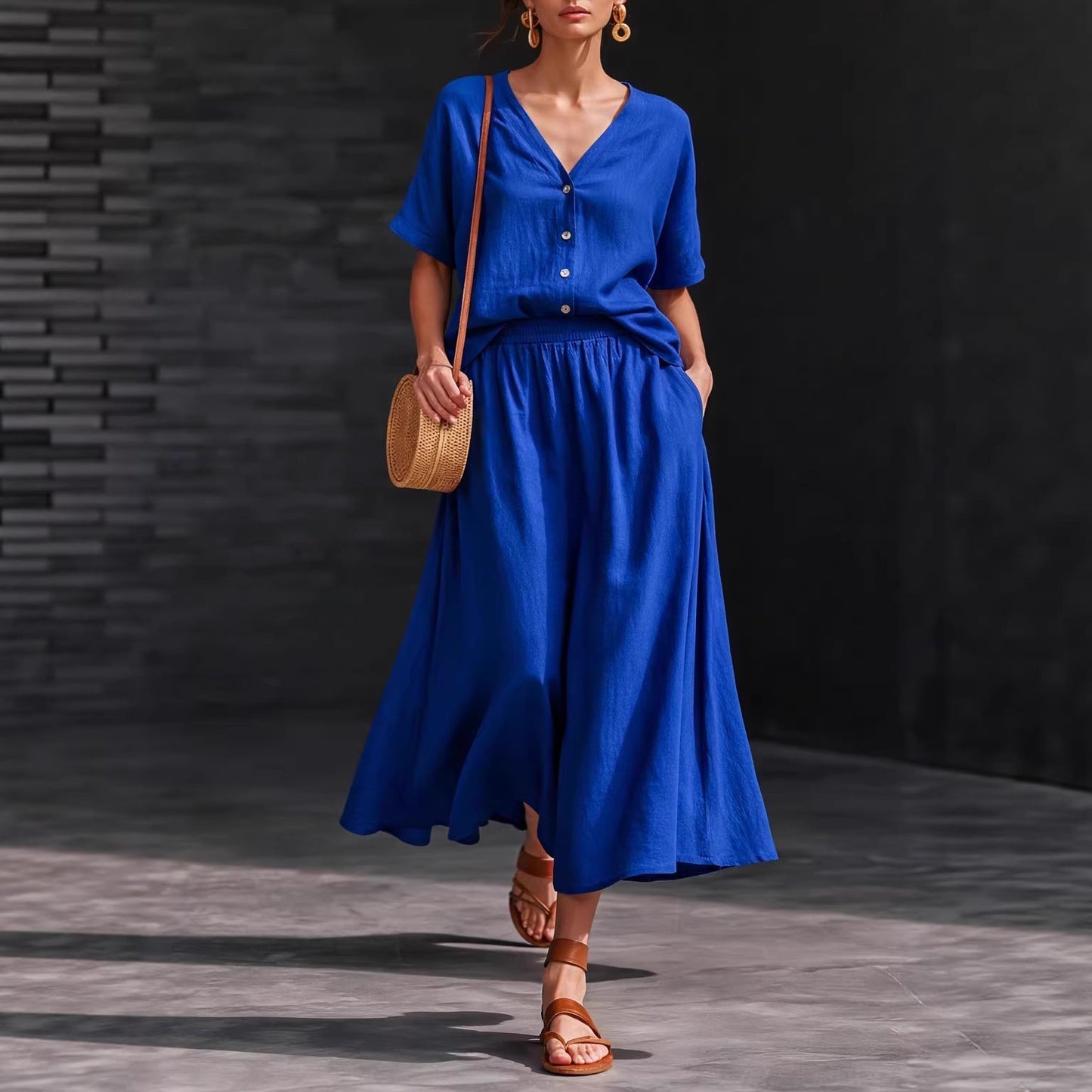 Women's Cotton-Linen V-Neck Button-Up Top & Long Skirt Set