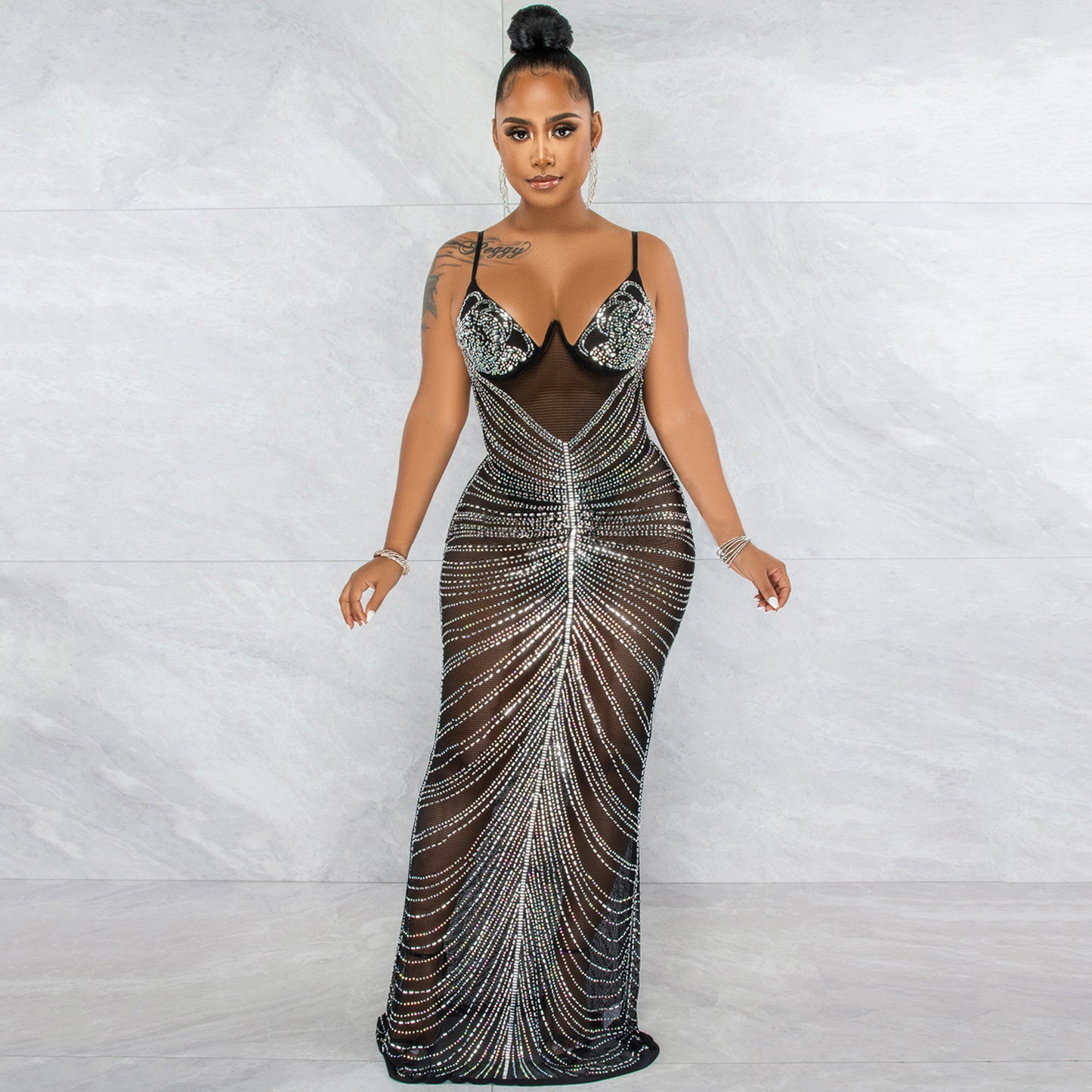 Fashion Sexy Beaded Strapless Sheer Mesh Long Dress
