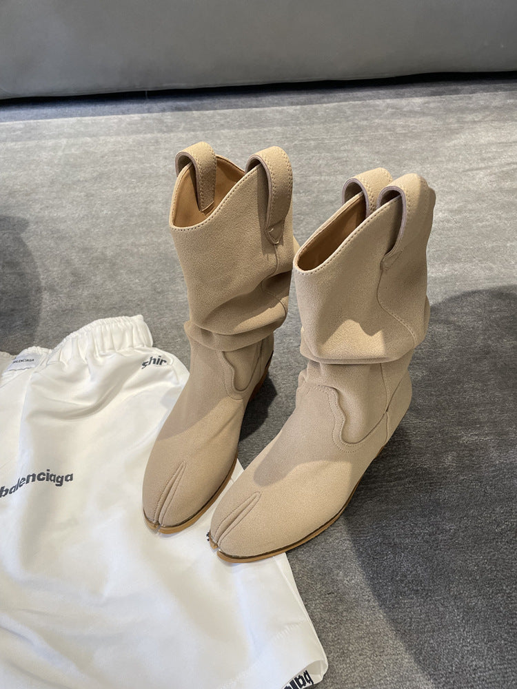 Fashion Tabi Split Toe Ankle Boots Solid Pleated Chunky Heel Boots Banquet Runway Shoe for Women 2023 Autumn Newest Novelty Sexy