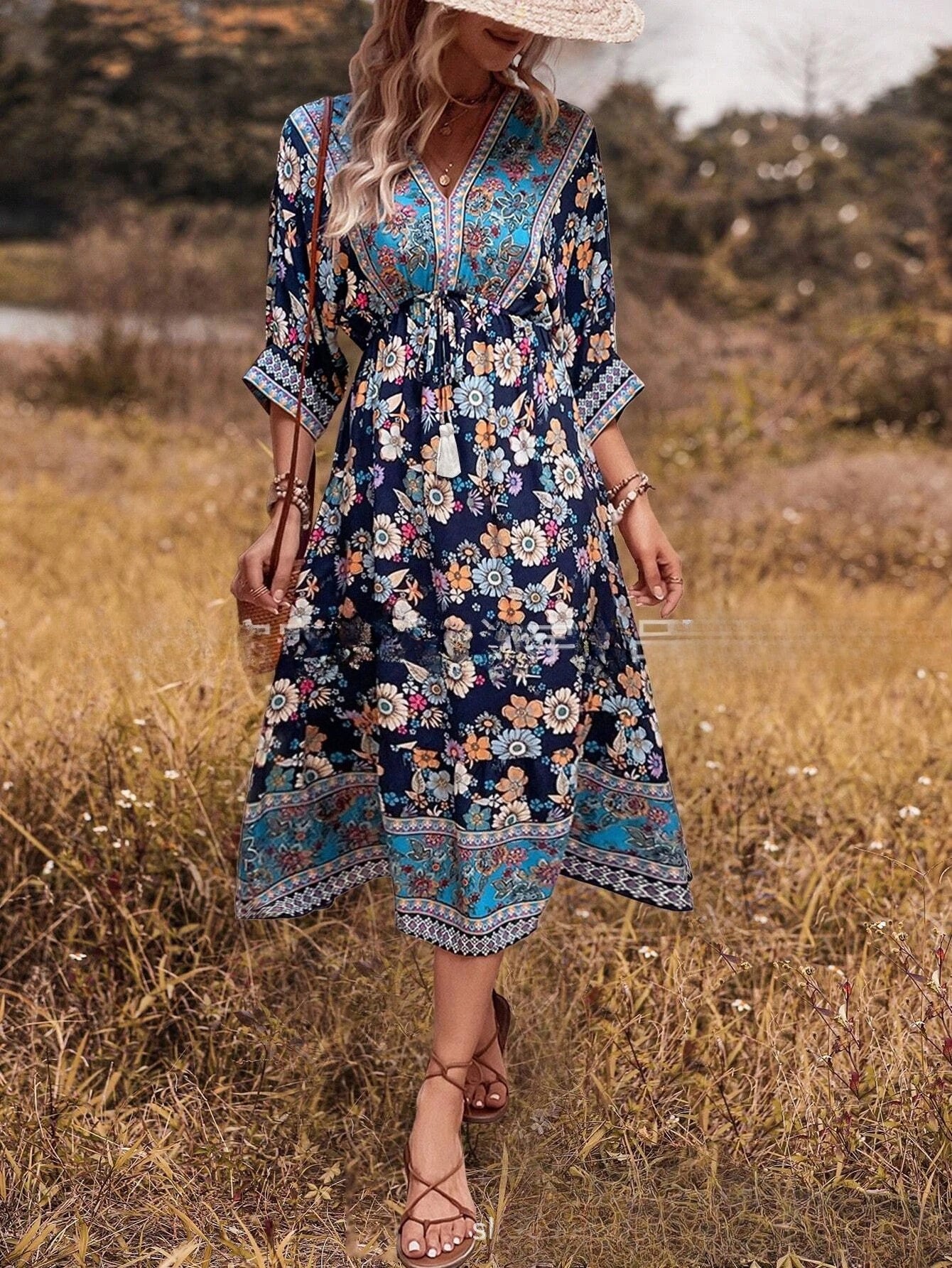 Women's Bohemian Dress Printed Vacation Beach Midi Dress