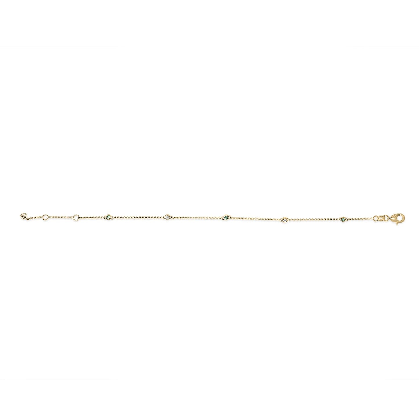 14K Yellow Gold Alternating Green Emerald and Diamond Bezel Station Chain Bracelet - Size 7.5 inch-1