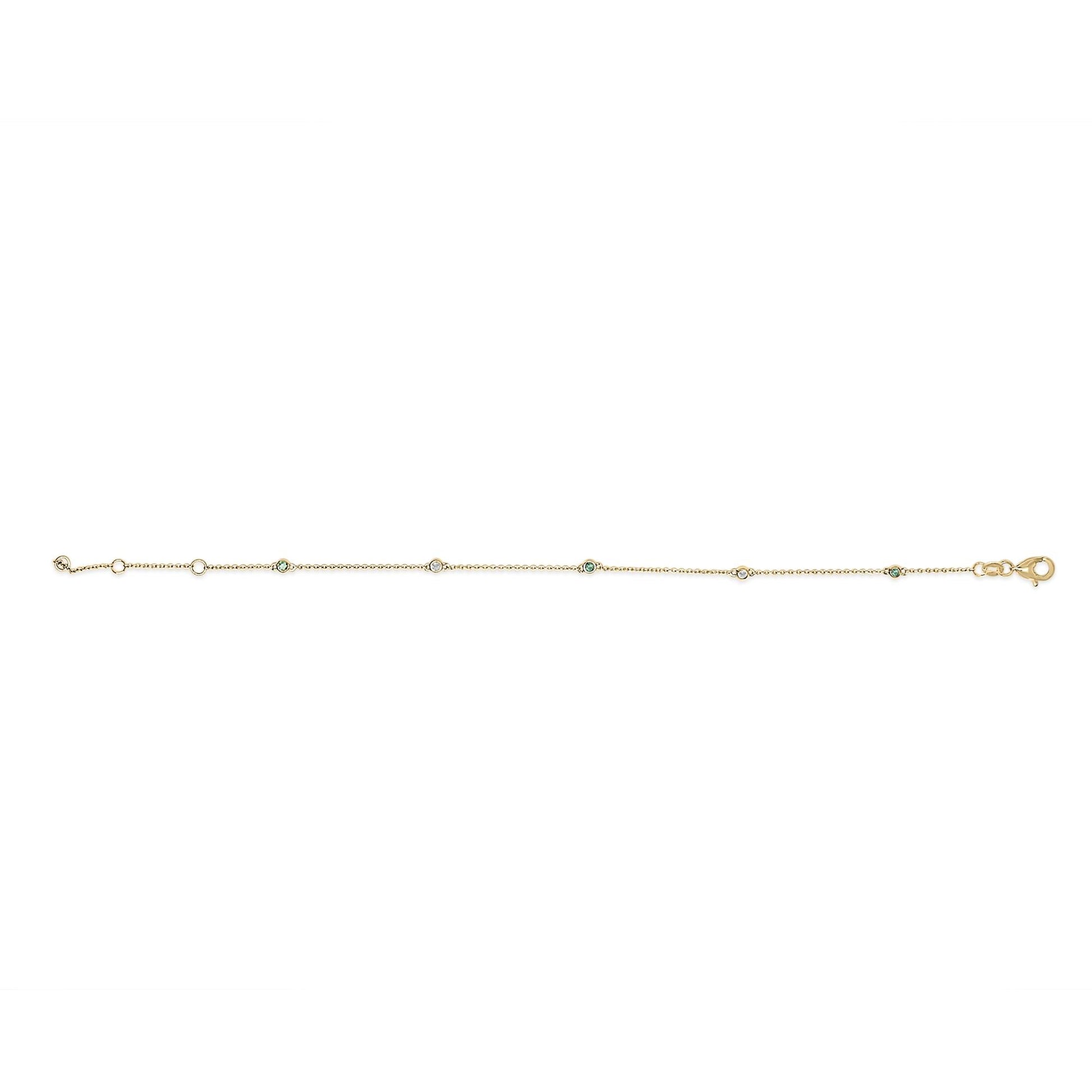 14K Yellow Gold Alternating Green Emerald and Diamond Bezel Station Chain Bracelet - Size 7.5 inch-1