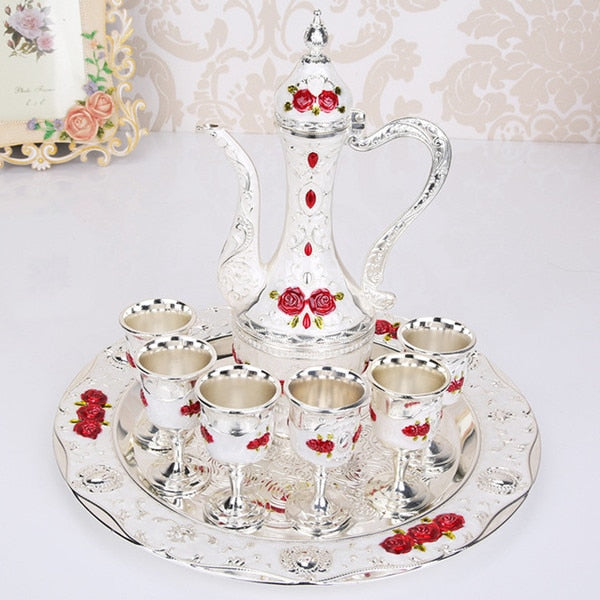 Retro Palace Drinkware Set Wedding Alloy Metal Gold/Silver And White Flagon Gift Set Home Decor 8 Piece Set: 1 Plate + 1 Wine Pot + 6 Cups