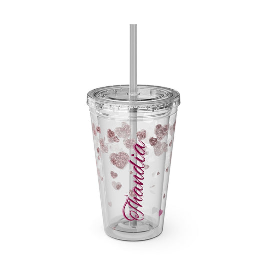 Pink Personalized Heart Name Script Tumbler 16oz Straw Tumbler