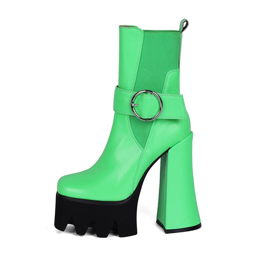 Women's Autumn Short Boots Brand New Square Toe Super High Heel Thick Sole Metal Sexy Stretch Bare Boots 42 Sizes