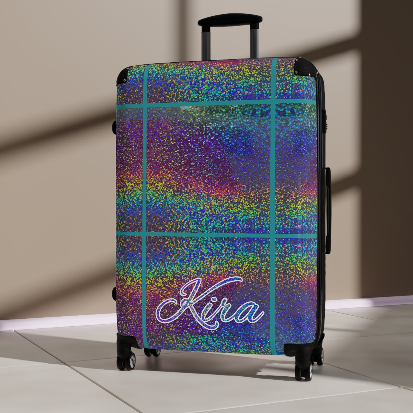 Personalized Name Holographic Glitch Pattern Print Suitcase Colorful Travel Luggage: WARNING - May Cause Uncontrollable Compliments