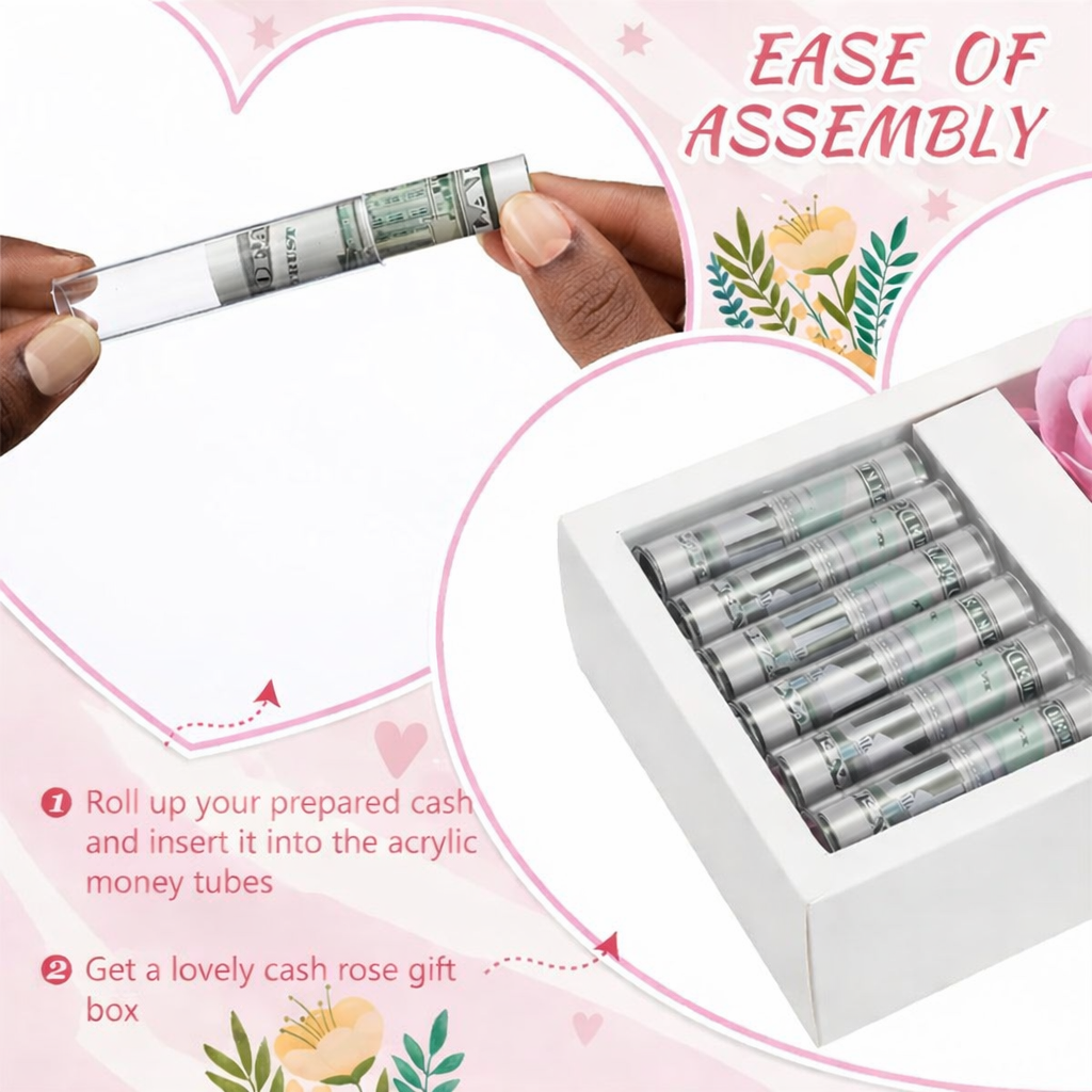 Valentine's Day Money Box for Cash Money Gifts - 2 Velvet Rose Flowers with 6 Acrylic Tubes