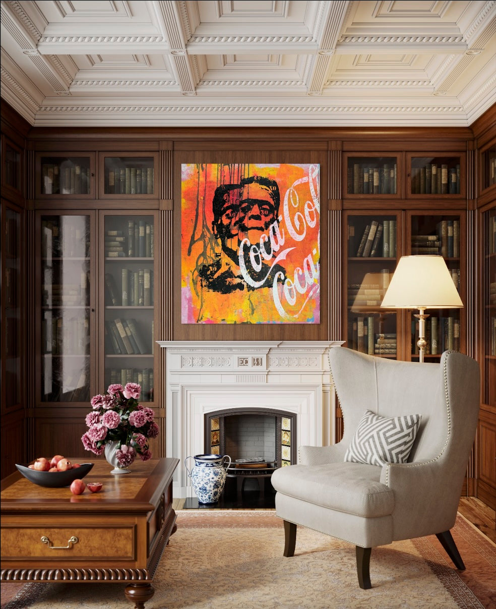 A colorful Coca-Cola art print featuring a stylized portrait and the brand name, displayed in a classic living room setting above a white fireplace mantel. Double Frankenstein Coca Cola Coca