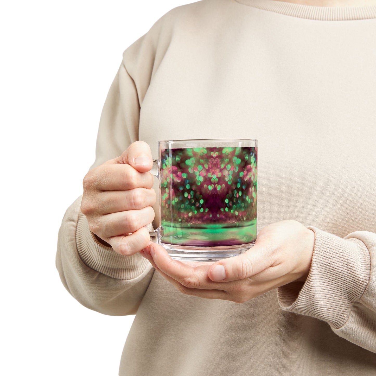 Pink Green Bokeh Sparkle Glass Mug 10oz Printed Coffee Cup