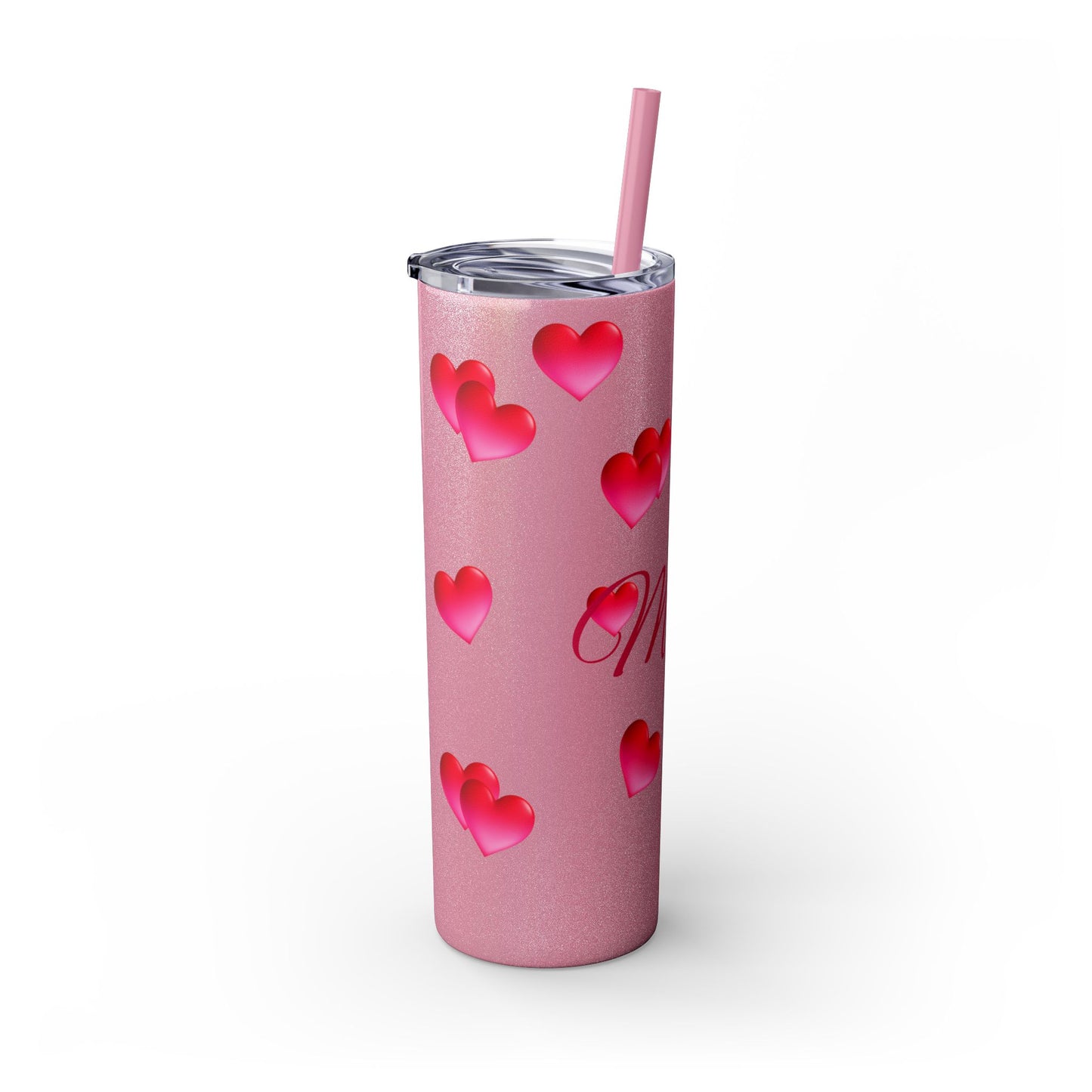 Gepasmaakte Glitter 20oz Dun Tumbler met Pienk Hartpatroon — [Jou Naam Hier]