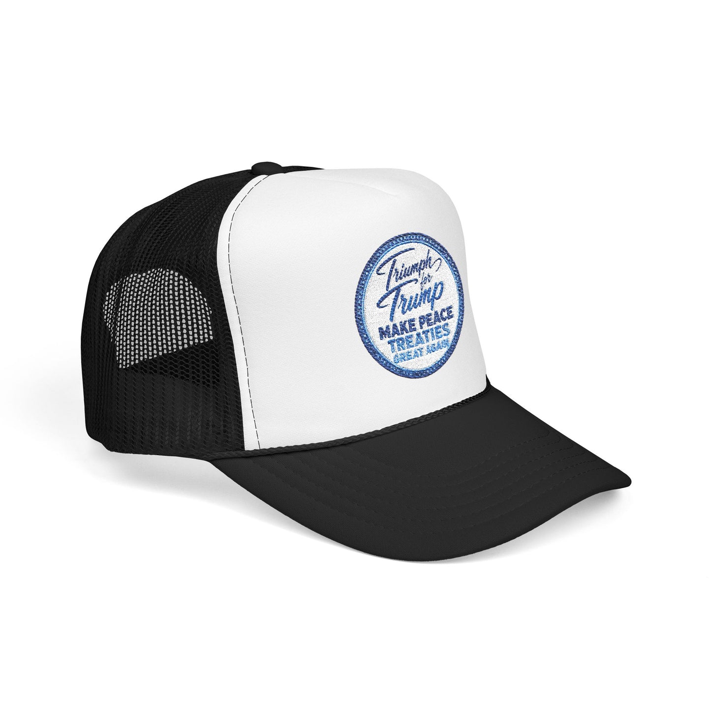"Triumph for Trump: Make Peace Treaties Great Again" ✨EMBROIDERED Foam Trucker Hat — Vintage Trump Campaign Patch, Only @ LuxeByMimi✨