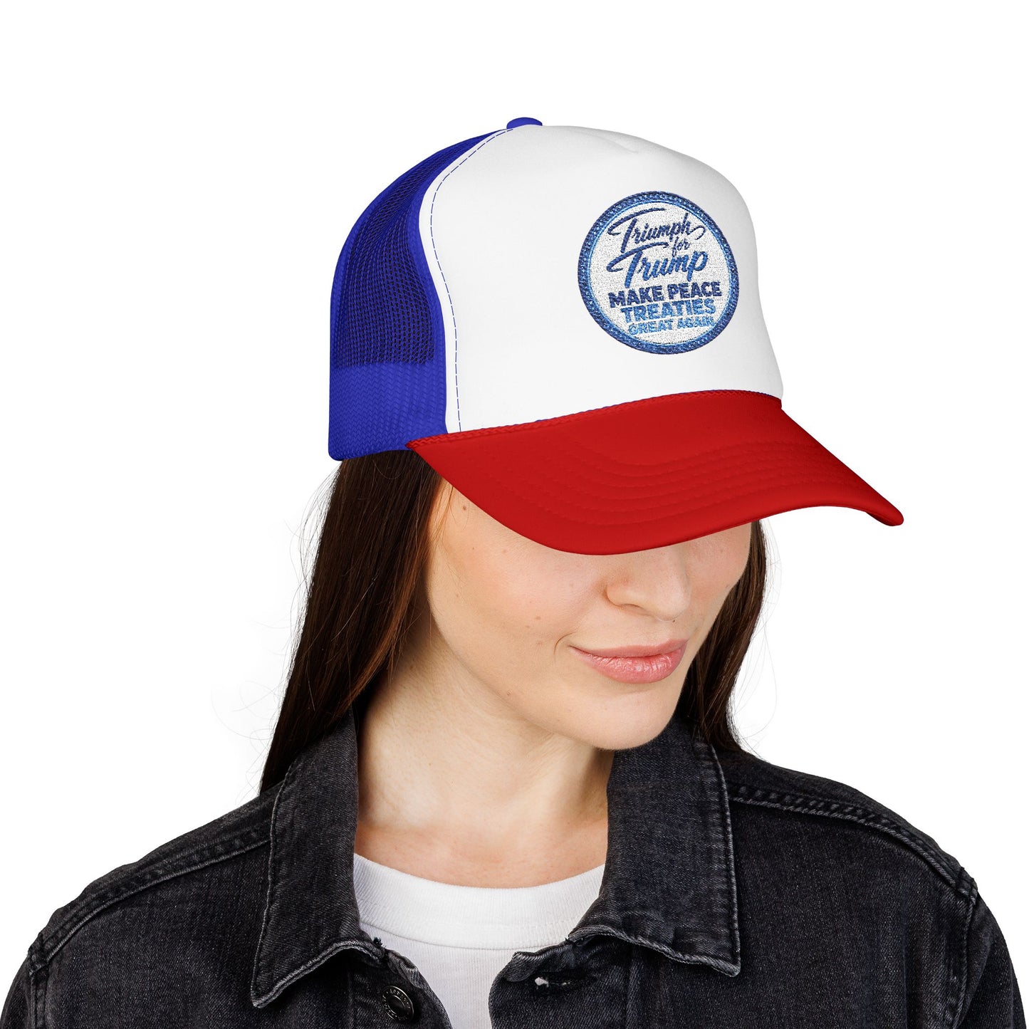 "Triumph for Trump: Make Peace Treaties Great Again" ✨EMBROIDERED Foam Trucker Hat — Vintage Trump Campaign Patch, Only @ LuxeByMimi✨