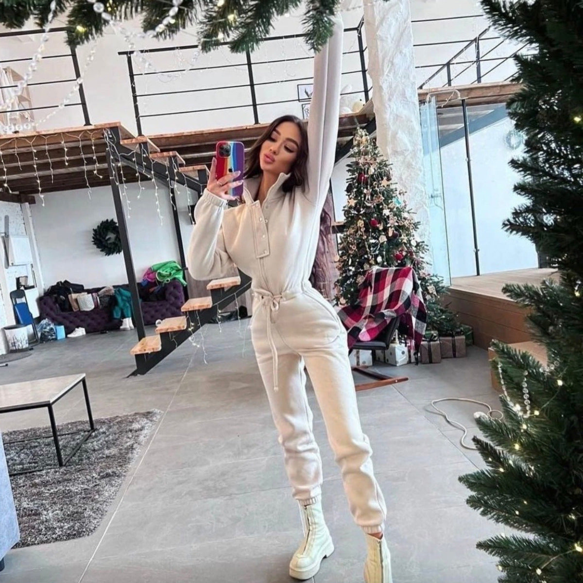 Stand-up Collar Cinched Leisure Jumpsuit