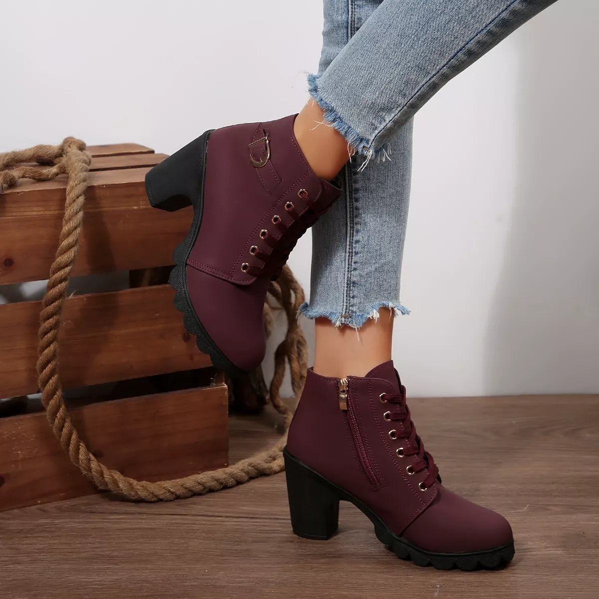 Lace Up Block Heels Boots