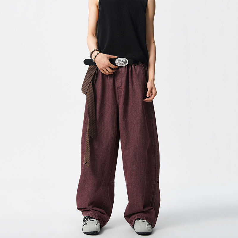 Wine Red Small Flame Embroidery Denim Pants Men's  Wide Leg Trousers American Style Workwear Straight Leg Long Pants