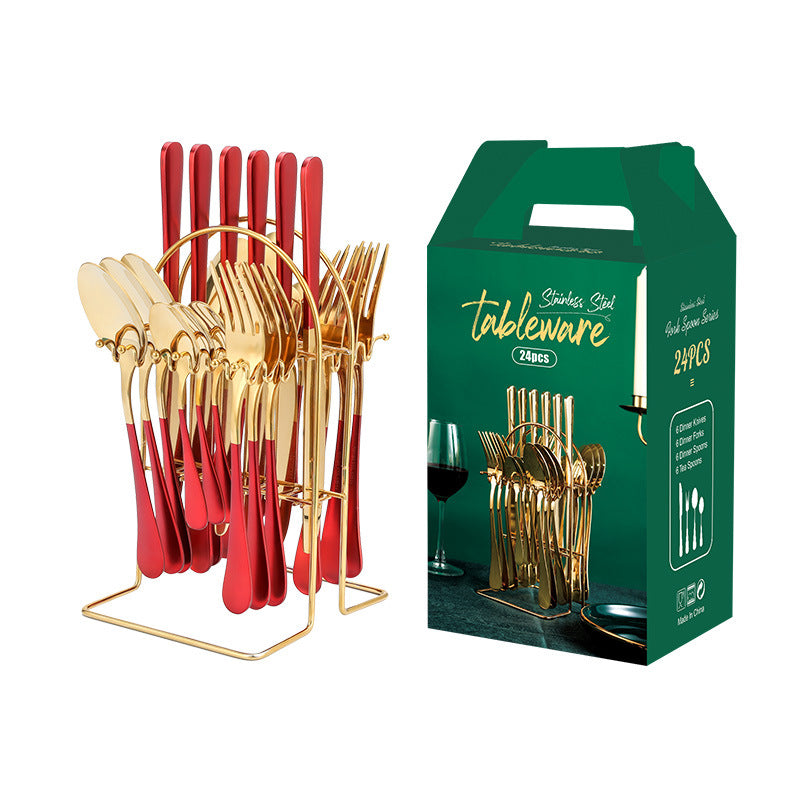 Stainless steel tableware 24 pieces set Western steak knife fork spoon restaurant hotel with storage rack gift box