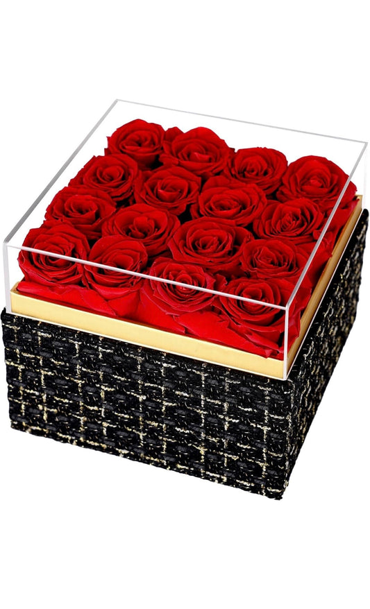 “Chic Thrills” 16 Count Preserved Rose Box, Eternal Pink / Red Forever Flowers Roses in Acrylic Box