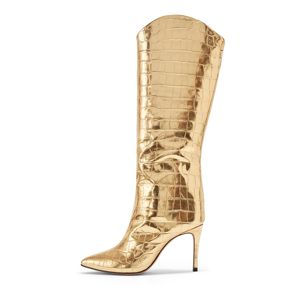 Fashion Women's Shoes Pointed Toe Stilettos Heels Sexy Elegant Ladies Boots Slip-on Gold Knee High Boots 45