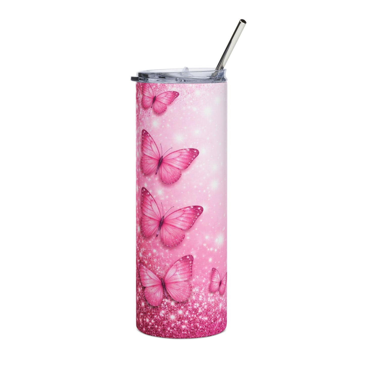 Pink Butterfly 20oz Stainless Tumbler — Sparkle Ombre Travel Cup