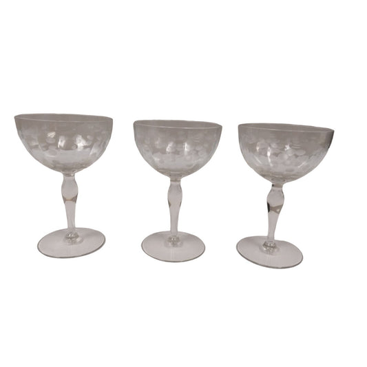 3 Vintage Delicate Glass Polka Dot Leaves Stemmed Drinking Wine Glasses w Chip