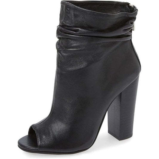 FSJ Womens Size 8 Black 4" Chunky Heel Ankle Boots Round Peep Toe Back Zip Shoes