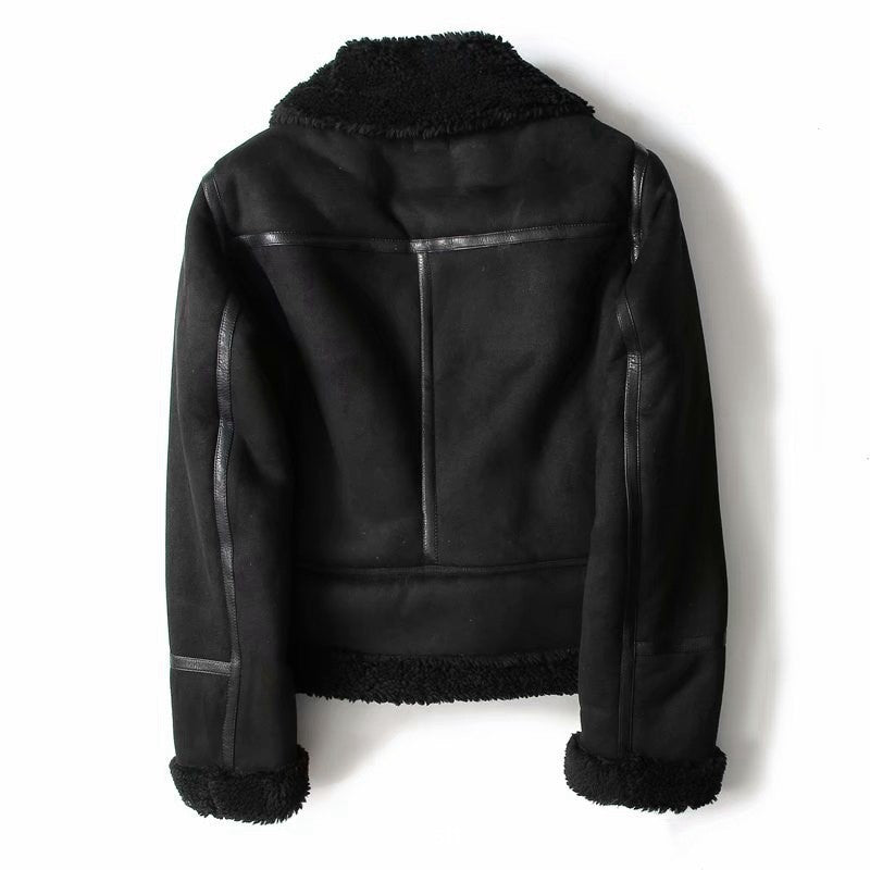 Suede Lamb Wool Warm Lapel Coat Motorcycle Clothing Women's Outwears
