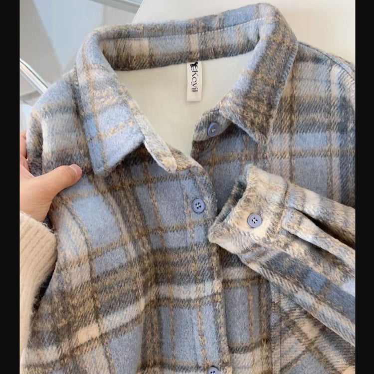 Dopamine Lazy Wine Red Brushed Plaid Shirt Women Loose Casual Slim Fit Blouse Versatile Top