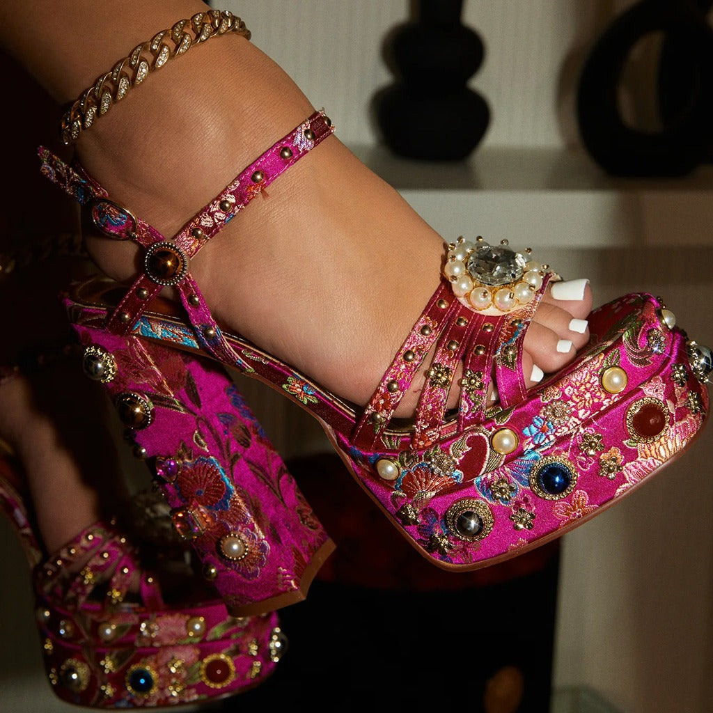 Women Rhinestone Platform Sandals Embroidered Fabric Chunky High Heels Sandals Square Toe Gemstones Sandalias
