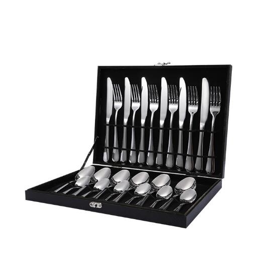 24PCS Tableware Flatware Set Non-fading Cutlery Sets 18/10 Stainless Steel Dinnerware Rainbow Dinner Kitchen Home Wood Gift Box