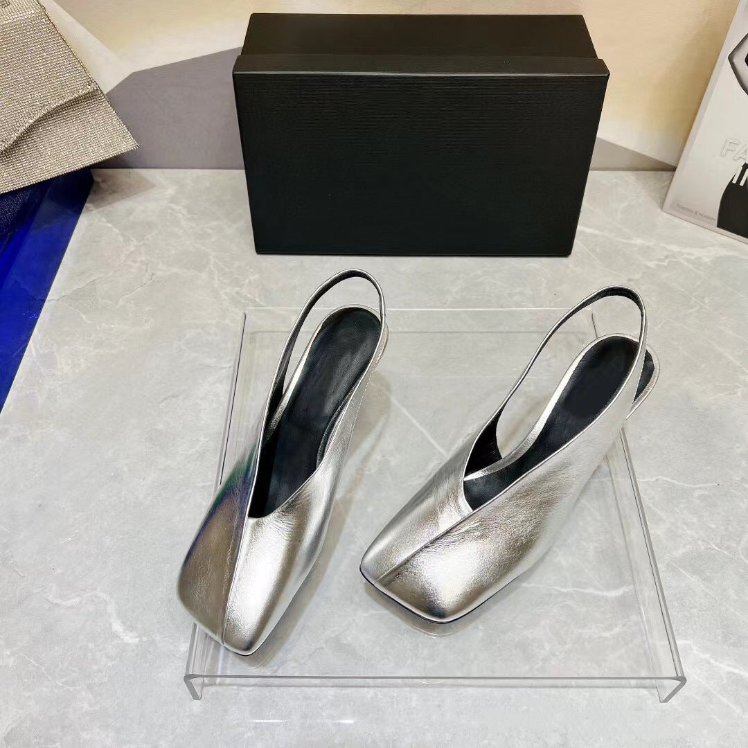 Women's Genuine Leather Square Toe Sandals Sexy Sandals Stiletto Fashion Wedding Party Fairy Shoes