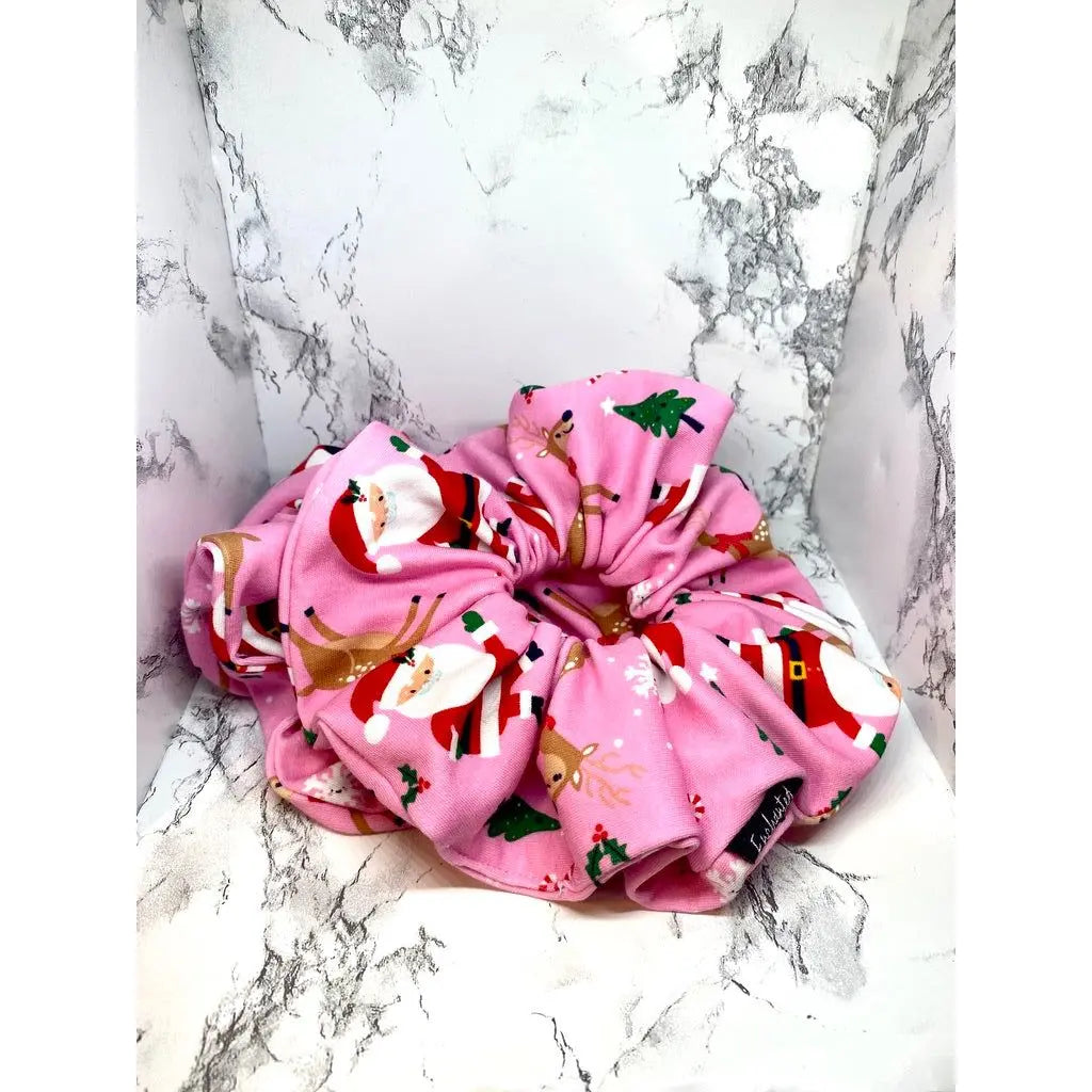 Pink Santa and Reindeer Christmas Scrunchie