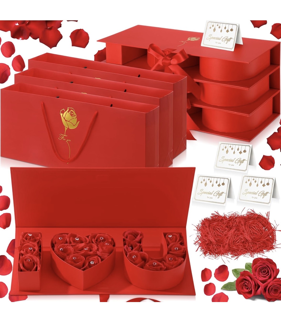 "I Love You" Box Cardboard 3 Fillable Flower Box 3 Gift Bags 3 Greeting Cards Raffia Paper Shreds for DIY Valentine's Day Wedding Bridal Shower Birthday Chocolate Gifts Packaging