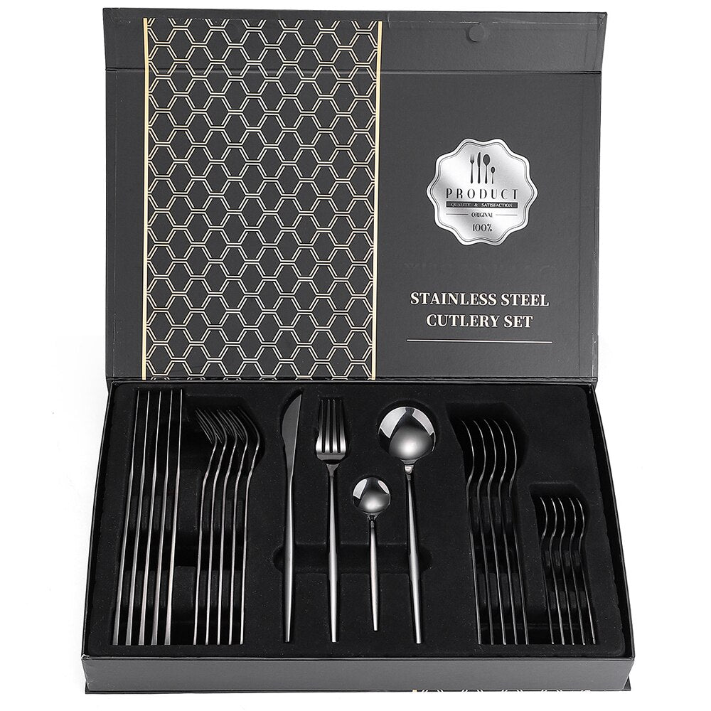24pcs Dinnerware Set Stainless Steel Tableware Set Knife Fork Spoon Flatware Set Safe Cutlery Set Gift Box Restaurant Silver