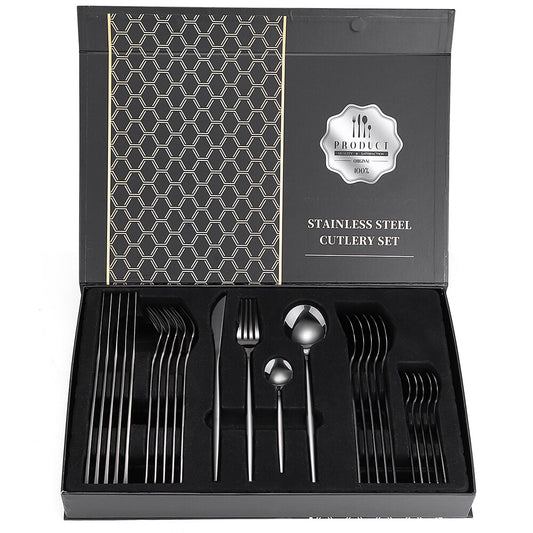 24pcs Dinnerware Set Stainless Steel Tableware Set Knife Fork Spoon Flatware Set Safe Cutlery Set Gift Box Restaurant Silver